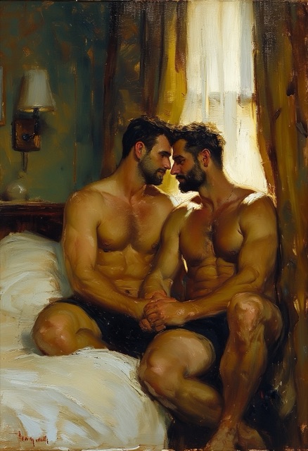 Sunlit Hotel Room Embrace